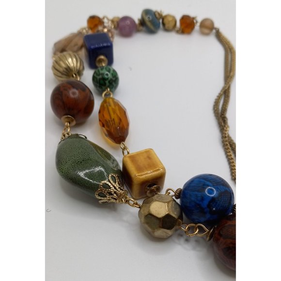 Chunky‎ Multi Gemstone Beads Mixed Texture Two Strand Gold Tone Necklace 34" - Picture 5 of 8